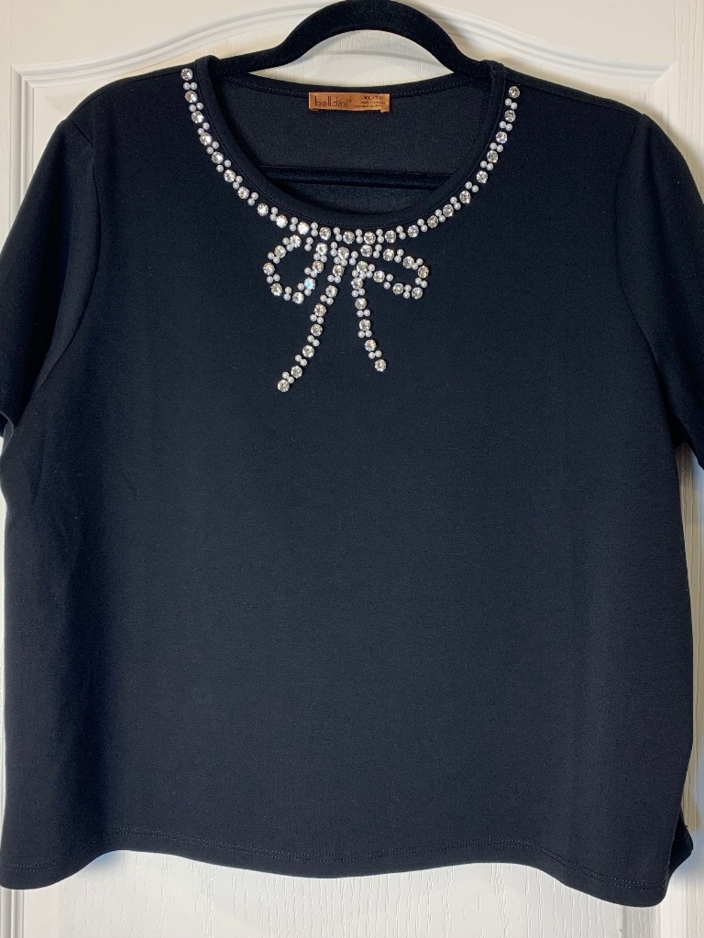 Belldini Black Embellished Bow Top XL Chic Pearl Rhinestone Detail Party Evening